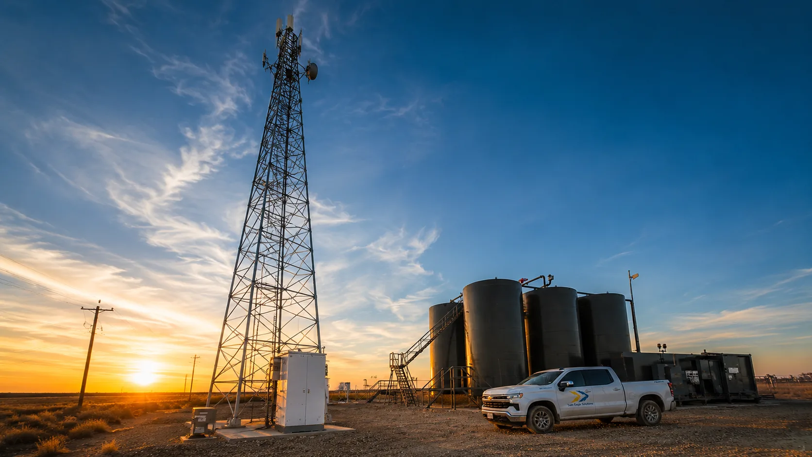 Twin Eagle Solutions field crew trucks at a communications tower site on an oilfield lease